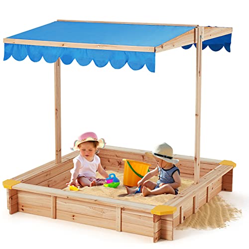 Image of ECTOUGE Kids Sandbox with Cover(47.2” x 47.2” x 47.2”), Wooden Sandbox Toys for Toddlers Age 2-4, Two Beach Seats, UV-Resistant & Adjustable Height Roof Sand Protection for Outdoor, Natural & Blue