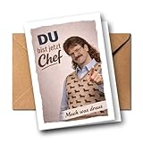 Lustige Glückwunschkarte Beförderung „DU bist jetzt Chef“ – Humorvolle Karte für neuen Chef oder neue Führungsrolle – Karte Chef geworden von Kollegen – Retro Nerd Design – Klappkarte A6 mit Umschlag