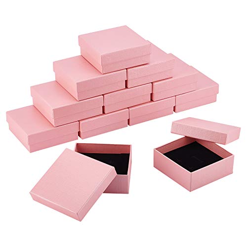 BENECREAT 12 Pack Cardboard Gift Boxes for Jewellery 8x5x3cm Pink Square Packaging Box with Lid and Sponge Pad Insert for Necklace Ring Bracelet Jewellery Presentation