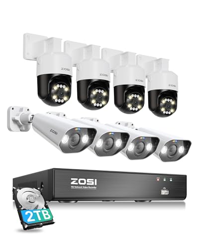 ZOSI 8CH (16CH Expandable) 4K PoE Security Camera System with AI Face Person Vehicle Detection, 8 Wired 5MP 3K Outdoor PT Bullet PoE IP Cameras, 2-Way Audio, 5X Digital Zoom, 2TB HDD, 24/7 Recording
