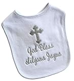 Funny Girl Designs Christening Keepsake Bib for Girls Embroidered with Glitter Cross Personalized with Your Custom Name Gift For Goddaughter (Silver)