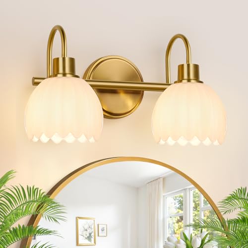 Image of Bathroom Light Fixtures, 2-Light Gold Vanity Light Fixtures with White Tulip Glass Shades, Bathroom Lighting Fixtures Over Mirror for Bedroom, Living Room & Hallway (Bulbs Not Included)