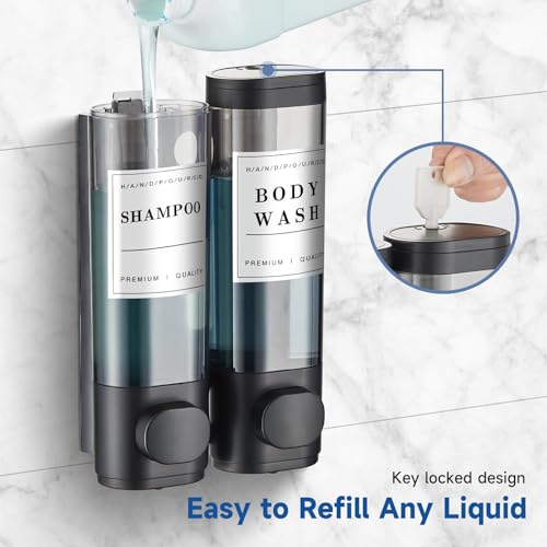 Cabo Deseado UN-7010B2 Shampoo And Conditioner Dispenser,Unisense Shower Soap Dispenser 2 Chamber No Drill Wall-Mounted Shampoo Dispenser For Shower Wall Mounted Shower Dispenser For Bathroom Hotel Large Capacity,Black thumb #4