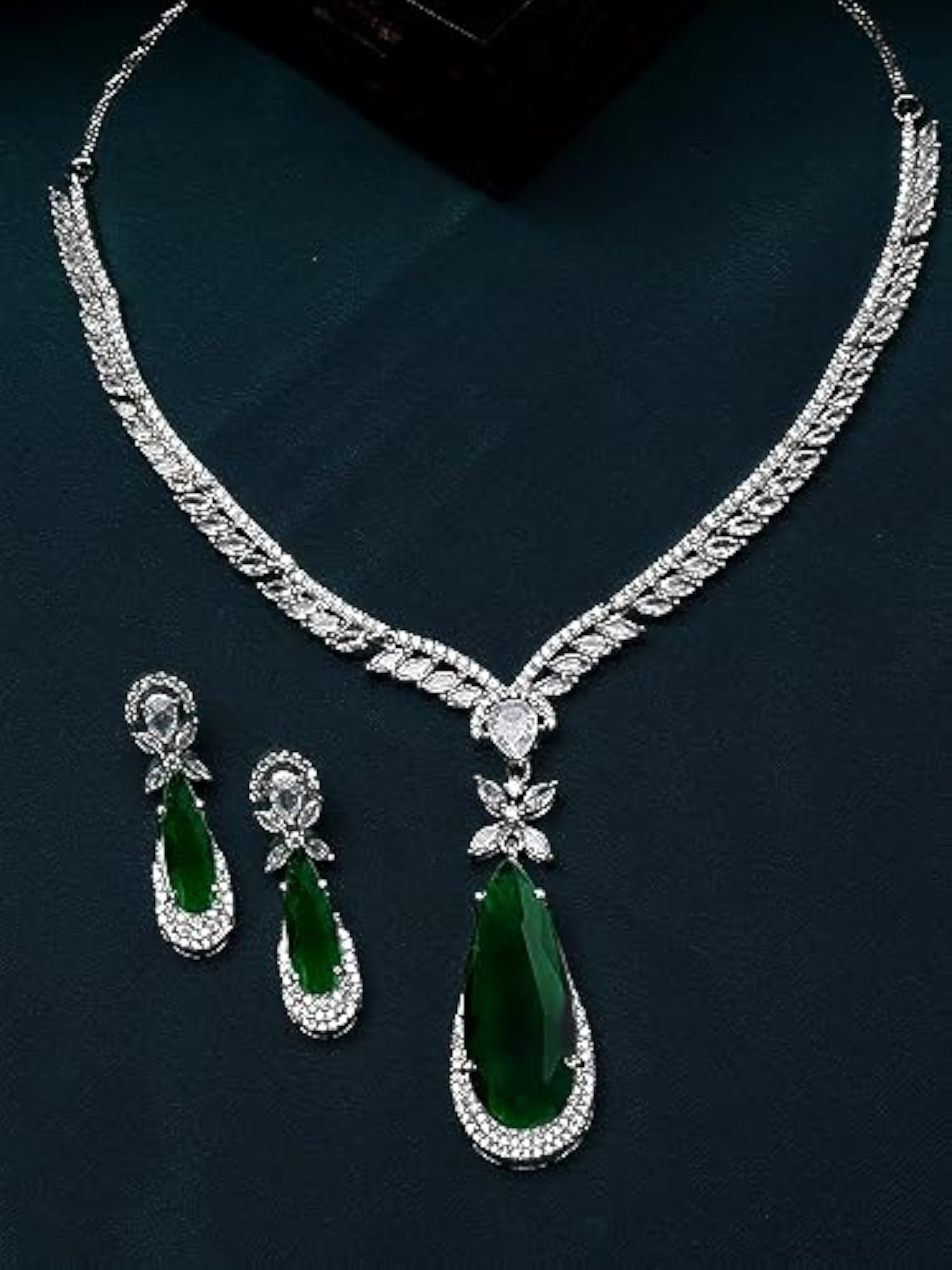 Women's Silver Tone Drop Shape American Diamond Studded Jewellery Set