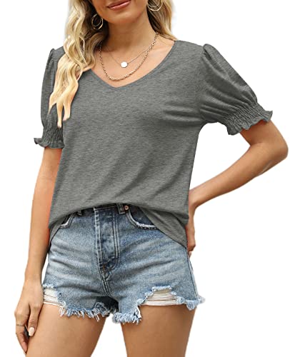 Summer Tops For Women V Neck Short Sleeve Solid Color Simple T-Shirt Grey Xl #TOP2