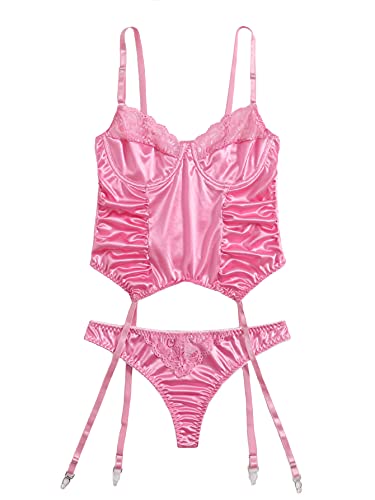 SOLY HUX Women s Satin Lingerie Lace Trim Teddy Babydoll Romper Bodysuit Pink S