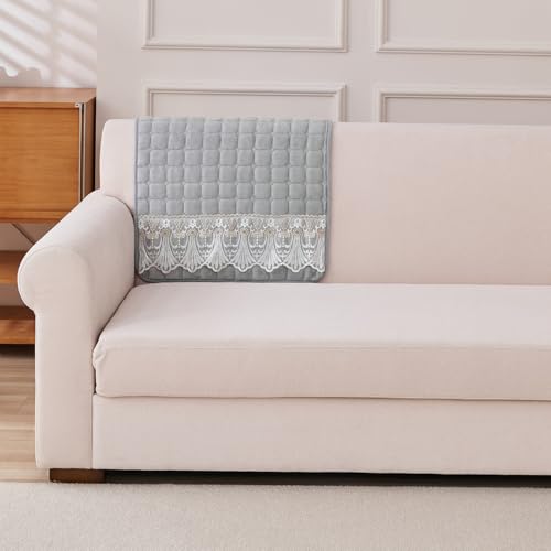 Image of HOKIPO 'BelleLace Series' Imperial Milk Velvet Sofa Backrest Mat Cover with Lace | Anti-Slip | 1 Pc - Cloud Grey (AR-6311-LGRY)
