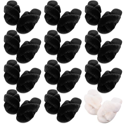 Image of 12 Pairs Women's Fuzzy Slippers Cross Band Open Toe Bridesmaid Fluffy Comfy House Slippers for Indoor Outdoor Wedding