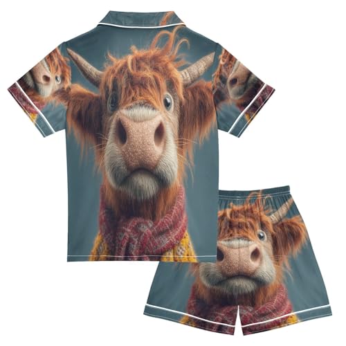 Satin Pajama Sets Short Sleeve Funny Highland Cow Fall Button Down Silky Nightwear 2 Piece PJS 5-14Y2