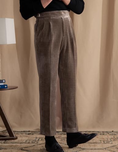 VENYNG Men's High Waisted Corduroy Dress Pants Autumn Adjustable Waist Business Casual Pants for Men Straight Fit4