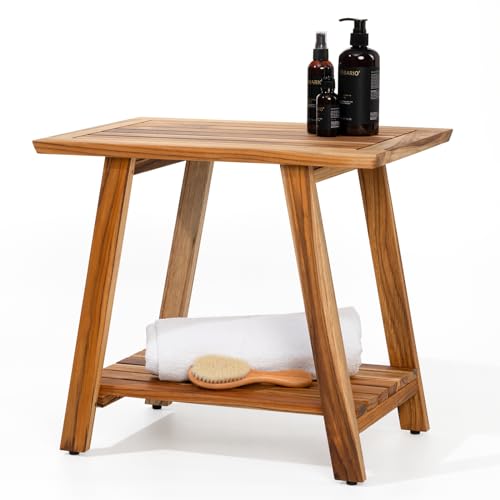Bme Teak Shower Bench, Space-Saving & Multifunctional 2-Tier Wood Bench, Easy Install with Anti-Rust Hardware & Adjustable Leveler by Bme - Image 7