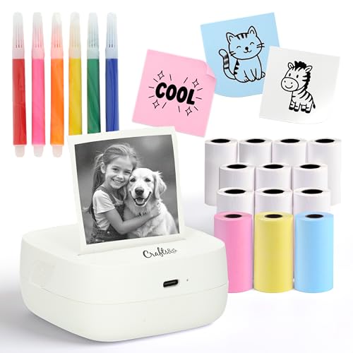 Crafts&Co Mini Pocket Impresora | Impresora fotográfica portátil Bluetooth para smartphone pegatinas y notas | impresora térmica sin tinta | tamaño 8 x 8 x 3 cm blanco