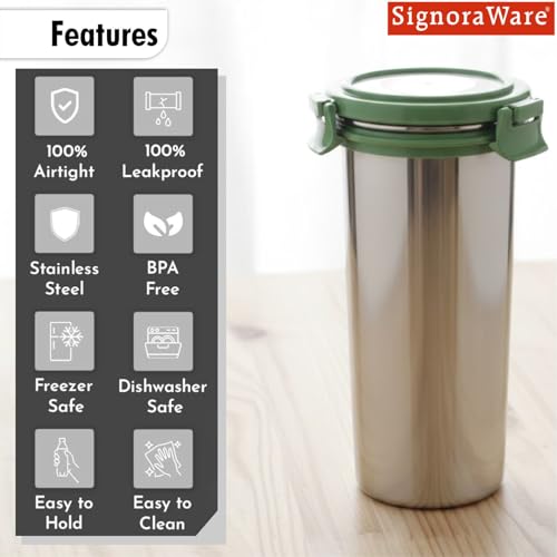 Image of Signoraware Lock N Store Stainless Steel Round Tumbler | Airtight & Leakproof | Compact Design | Easy to Clean | Ideal for Office, School, Travel, and Home Use (500ml | EGreen)
