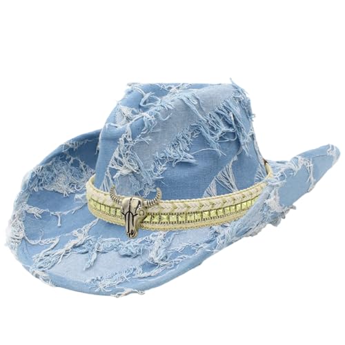 YPLOJOUO Western Style Cowgirl Hat Stylish Bull Decorated Denim Wide Brimmed Cap for Men Women Outdoor Party (Navy Blue ONE Size)