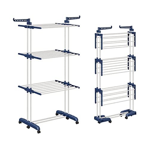 Shrivee 3 Etagen WäScheständer Turm Klappbarer mit 2 Drehbare Flügeln Hoch 178cm Klappbare Füsse Platzsparend Clothes Drying Rack mit Rädern für Wohnung, Balkon & Garten (BlauWeiß