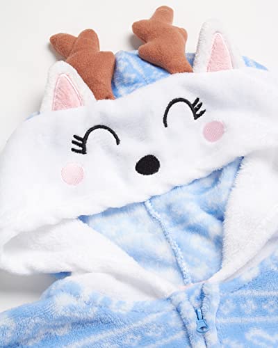 Rene Rofe Girls’ Pajamas – Plush Fleece Sleepwear Onesie With 3D Critter Hood (Size: 7-16), Size 14/16, Light Blue Reindeer #TOP1