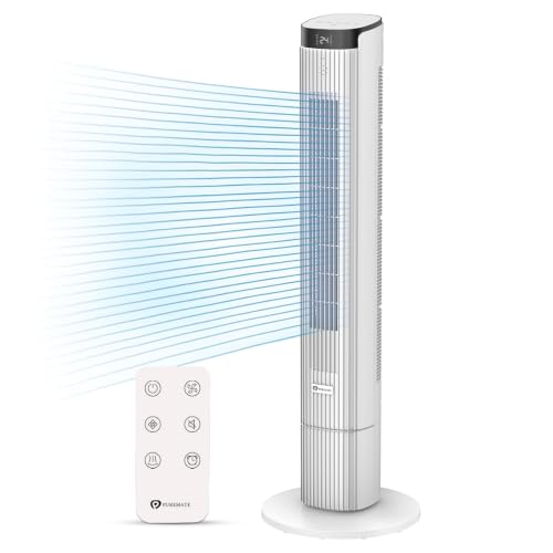 PureMate 43-Inch Tower Fan with Remote Control Oscillating Bladeless Cooling Fan 4 Speeds & 4 Wind Modes 12 Hour Timer LED Display Portable Quiet fan for Bedroom Office and Home - White