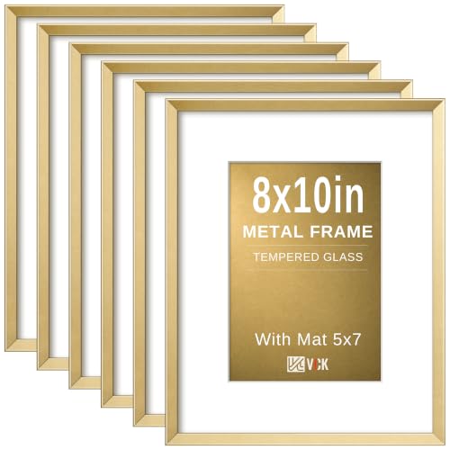 Image of VCK 8x10 Aluminum Picture Frames Gold with Mat for 5x7 Photo or 8x10 without Mat, Set of 6 Metal Photo Frames with Real Tempered Glass High Definition, Wall or Tabletop Display