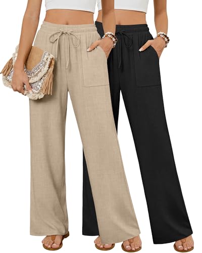 Neer 2 Pack Women's Linen Long Pants, Summer Drawstring Elastic Waist Flowy Straight Pant Casual Loose Beach Pant with Pocket