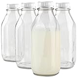 32-Oz Glass Milk Bottles with 8 White Caps (4 pack) - Food Grade Milk Jars with Lids - Dishwasher...