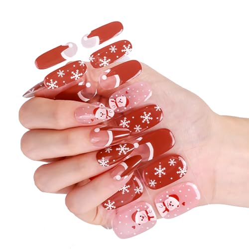 Semi Cured Gel Nails Strips - 16cps Christmas Red Snowman Stickers Nail Wraps Soft Self - Full Wraps Nail Polish Stickers French Style Xmas Gift