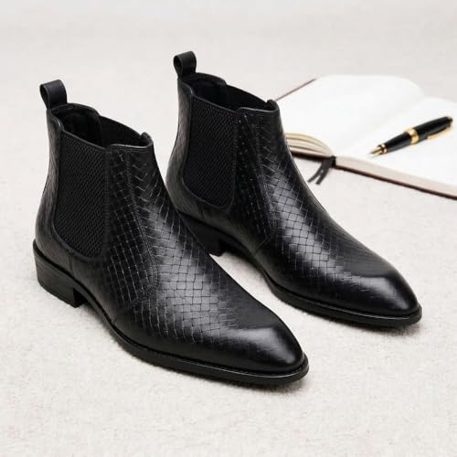 Image of Hayes London Chelsea Boots for Man | Crust Leather Black Ankle Boots | Cuban Heel Pointed Toe Stylish Formal & Casual Boots for Men | Slip-On Elastic Side Panel