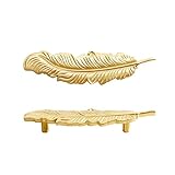 LFWATAXY 2PCS Solid Brass Feather Cabinet Drawer Handle Knob, Gold Feather Drawer Cabinet Handle Small Handles Modern Minimalist Handles Knobs for Bathroom Kitchen Wardrobe (Hole spacing:64mm)