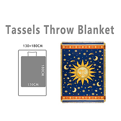 Sonne und Mond Tagesdecke mit Fransen,Doppelseitig Baumwoll Gewebt indianer decke 130X 180CM - Eignet Sich als Couchdecke bettüberwurf Sesseldecke und auch als sofaüberwurf,Gelb/Blau - Image 3