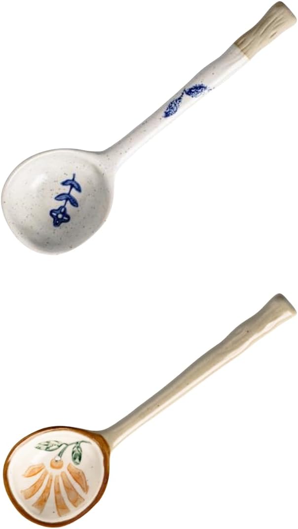 2 PCS (3 styles available) of couple ceramic spoon, suitable for afternoon tea and coffee stirring,dessert spoons, handcrafted ceramic soup spoon, size 6.6 * 1.9 in (17 * 5 cm) (flowers)