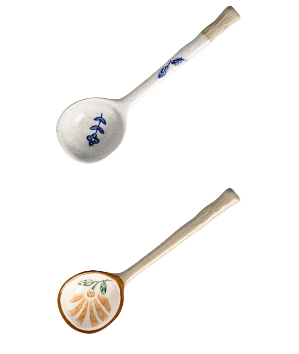 2 PCS (3 styles available) of couple ceramic spoon, suitable for afternoon tea and coffee stirring,dessert spoons, handcrafted ceramic soup spoon, size 6.6 * 1.9 in (17 * 5 cm) (flowers)