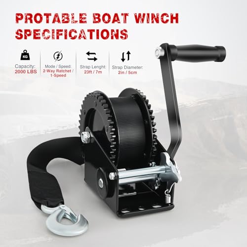 Nilight Boat Trailer Winch 2000 Lbs Hand Crank Winch Heavy Duty Boat Winches with 23Ft Strap Rope Hook 2-Way Ratchet 4:1 Gear Portable Marine Manual Winch for Trailers Boats RV ATV Jet Ski Towing by Nilight - Image 2