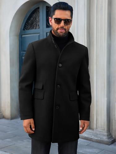 Runcati Mens Pea Coats Single Breasted Stand Collar Casual Slim Fit Trench Coat Mid Long Winter Overcoat with Pockets2