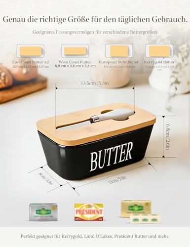 Foto von AISBUGUR Große Butterdose für 250g Butter - Butterdose mit Messer Keramik Butterdosen Double-Layer-Silikon-Dichtung Butterbox mit Deckel - Gute Küche Geschenk (Schwarz)