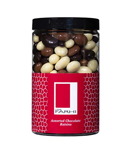 Rita Farhi Milk, Dark and White Chocolate Covered Raisins in a Gift Jar | Vegetarian and Chocolate Gift, Luxury Christmas Chocolate Gift - Chocolate Coated Fruit - 350 g - Palm Oil Free Recipe