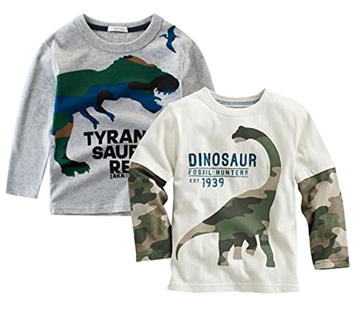 Image of Trsenvrml Boys Dinosaur Shirt 2-Pack Long Sleeve T-Shirt 100% Cotton Pullover Toddler Tees Tops for Baby Casual Clothes (White Grey, 2-3T)