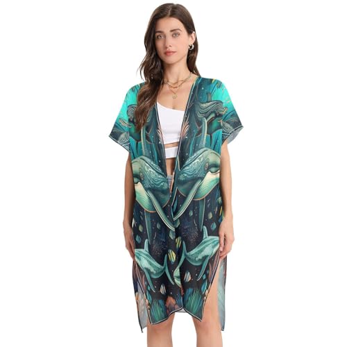 DDDIYEU Seewal Kunst Damen Strandkleid, Lockerer Sommer Überwurf für Badeanzug Bademode