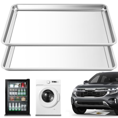 Teodute 2Pcs Stainless Steel Oil Drip Pan for Under Car, 24 x 16 x 1.9 Inch Metal Oil Drain Pan for Oil Change, Automotive Large Drip Tray Oil Catch Pan Replacement Tray to Keep Garage Floor Clean