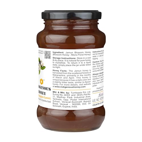 Image of INDIGENOUS HONEY Organic Jamun Honey Pure Unprocessed 17.64 Glass Jar | Raw Natural Sugar Free Monofloral Unfiltered Honey Pack of 1