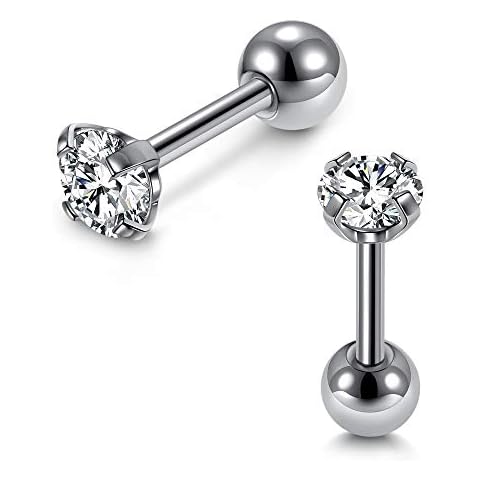 Zysta Pair Clear Cubic Zirconia 16G Earring Studs Round Rhinestone Diamond Stainless Steel Post Back Ball Screw Men Women Nose Helix Cartilage Ear Lobe Small Cute Piercing Jewelry Cover