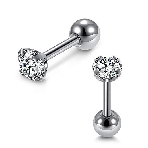Zysta Pair Clear Cubic Zirconia 16G Earring Studs Round Rhinestone Diamond Stainless Steel Post Back Ball Screw Men Women Boy Girl Nose Helix Cartilage Ear Lobe Small Cute Piercing Jewelry