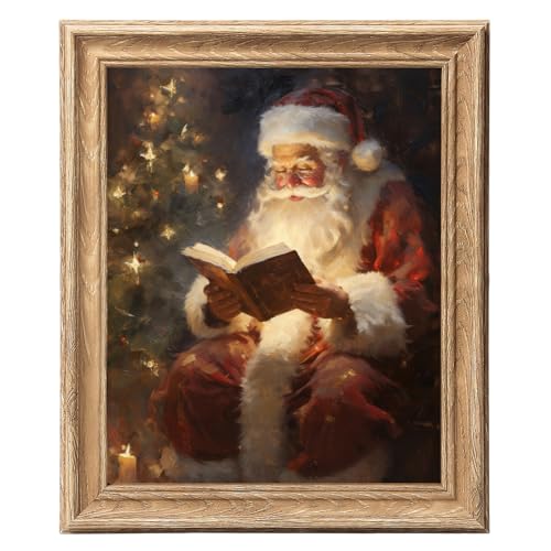 ASTRDECOR Vintage Christmas Wall Art, 8x10 Santa Claus Reading Book Vintage Canvas Print with Wood-Look Frame, Rustic Christmas Oil Painting for Xmas, Winter Home, Living Room, Xmas Decorations