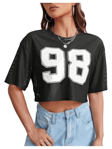 Verdusa Women's Cropped Jersey Shirts Graphic Tees Waffle Short Sleeve Vintage T Shirts Crop Tops