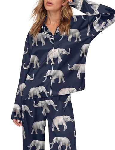 Image of SHESHOW Satin Pajamas Set for Women Set Long Sleeve Button Down Pjs Sets 2 Piece Loungewear Animal Sleepwear XS-XXL