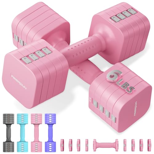 FEIERDUN 5-in-1 Adjustable Dumbbell Set of 2, 12LBS/20LBS Hand Weights for Women, 1s-Adjust Dual-Stable Dumbbell Set for Women Home Gym & Outdoor 6LBS Pair (12LBS Total) B-Cute Pink
