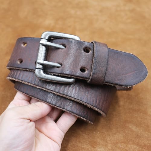 Men's Double Prong Distressed Vintage Leather Belt Casual Work Heavy Duty Double Grommet Holes Waist Strap for Jeans 5