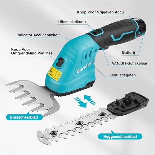 DURATECH 12V accu heggenschaar met telescoopsteel, 2-in-1 tuinschaar accu met 2Ah accupak & oplader, grasrandensnijder elektrische grasschaar, grastrimmer voor tuinieren - Afbeelding 4