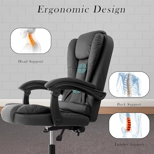 Image of NORMAN JR Italia Premium Leatherette Office Chair for Work | Boss Chair, Ergonomic Executive, Luxurious Cushioned Arms & Seat, 2 Point Back Massager, Heavy Duty Metal Base (Black)