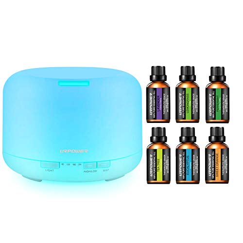 URPOWER Upgraded 500ML Essential Oil Diffuser Humidifiers with 6 Aromatherapy Essential Oils 100% Pure Lavender, Peppermint, Sweet Orange, Eucalyptus, Tea Tree, Lemongrass Essential Oil Gift Set