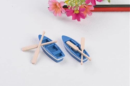 RUIAN Lovely Miniature Blue Rowboat Little Resin Boat Canoe Model with Oars for Miniature Cake Topper Decoration (2 Set)