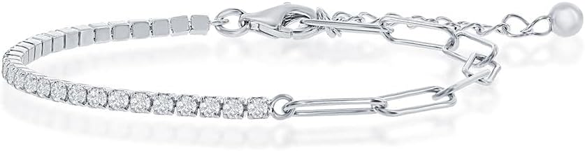 Beaux Bijoux 2mm Half Tennis and 3.5mm Paperclip Link Chain Design 9+1" Anklet/6.5+1” Bracelet Silver/14K Gold Plated Sterling Silver Jewelry for Women or Teens